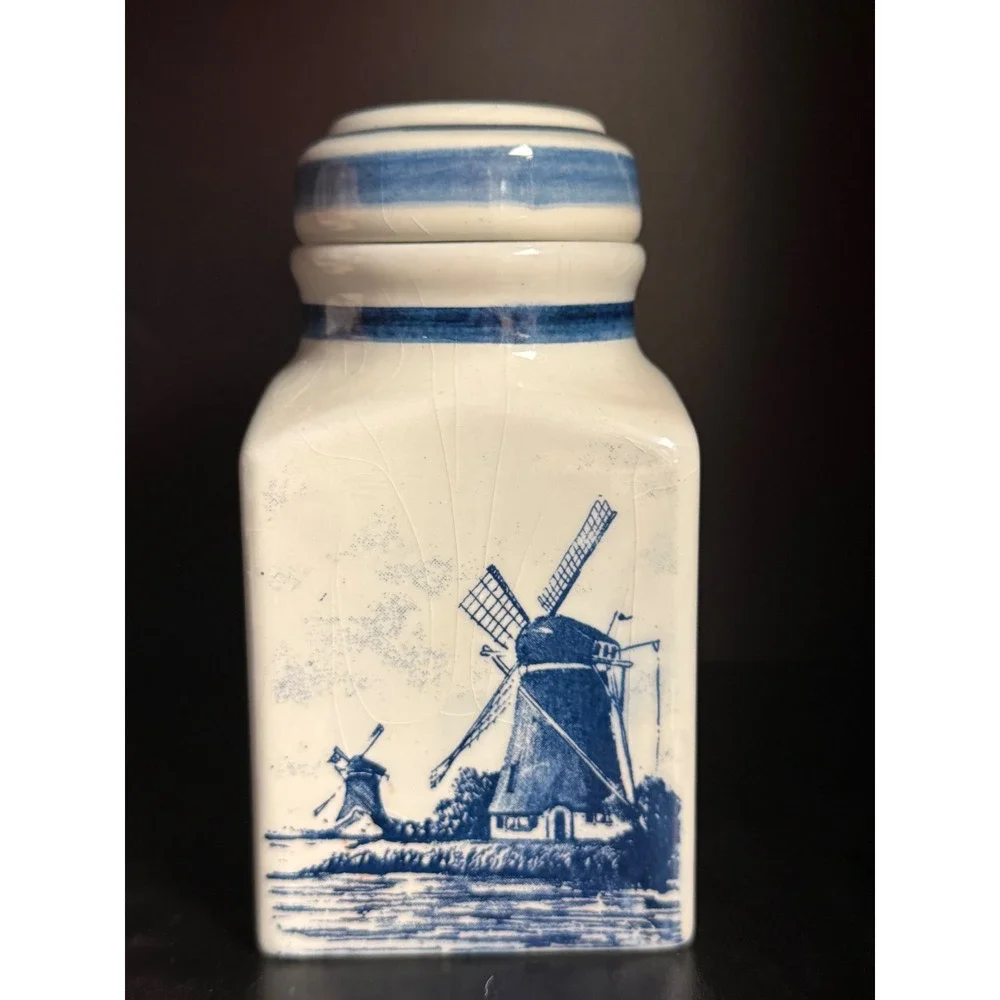 Delfts Blauw Handpainted Ceramic Spice Jar Windmill Ship Floral Made in Holland